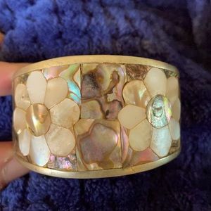 Vintage gold-tone metal and abalone cuff bracelet